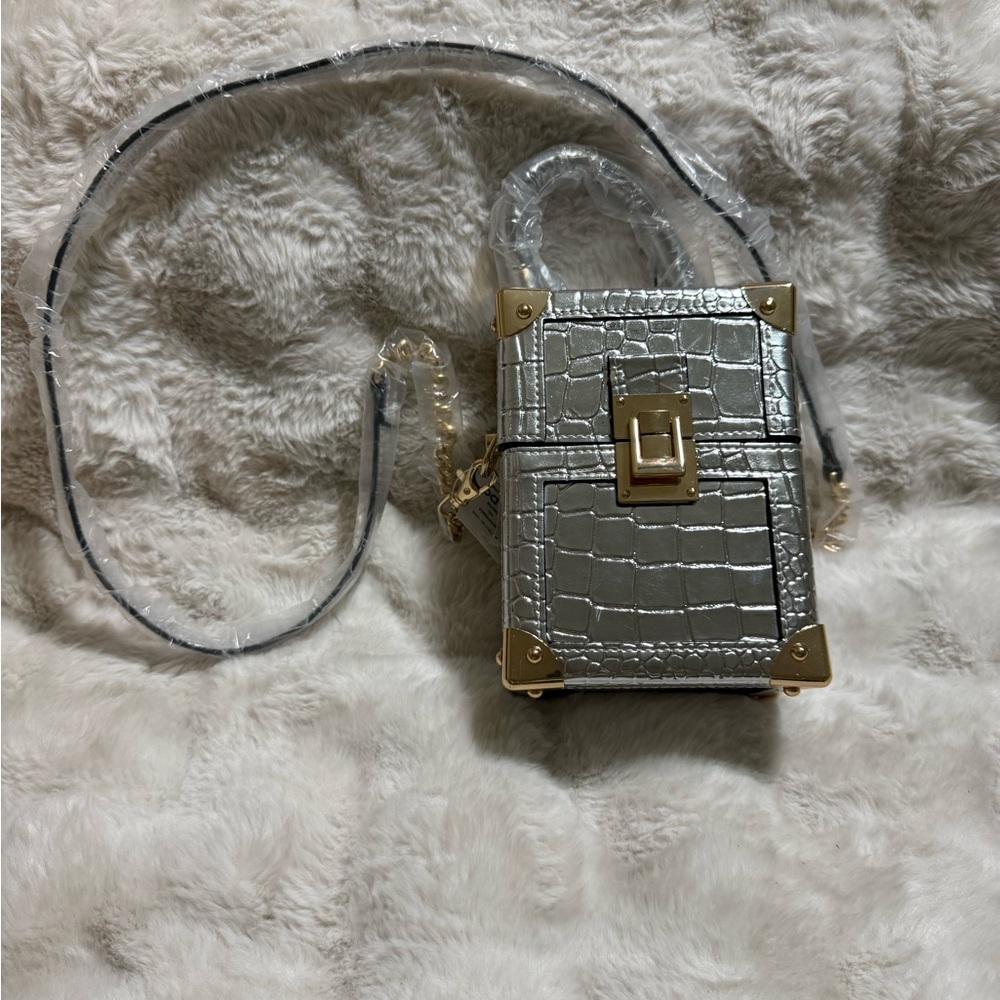 Aldo Metallic Silver Croc-Embossed Mini Bag